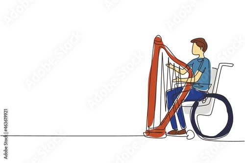 Single one line drawing young handsome man sitting in wheelchair plays harp in concert. Disability and classical music. Physically disabled. Person in hospital. Continuous line draw design vector