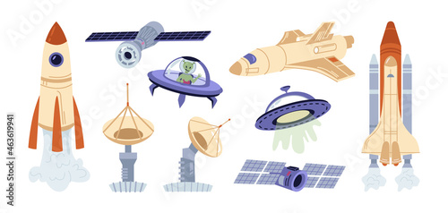 Galaxy and outer space flying objects and spacecrafts, spaceship and saucers of aliens. Futuristic transport for universal travel, satellites and shuttles, rockets. Cartoon illustration in flat vector