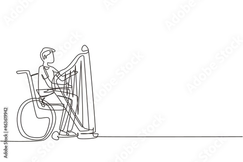 Single one line drawing young handsome man sitting in wheelchair plays harp in concert. Disability and classical music. Physically disabled. Person in hospital. Continuous line draw design vector