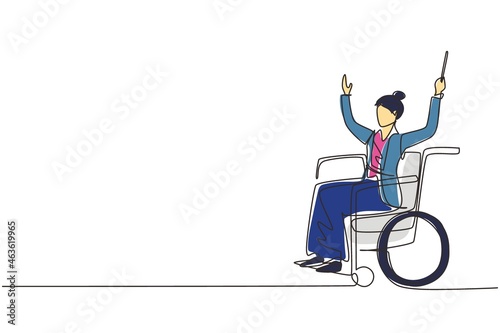 Single continuous line drawing beautiful woman conductor sitting in wheelchair leading orchestra. Disability, classical music. Physically disabled. One line draw graphic design vector illustration