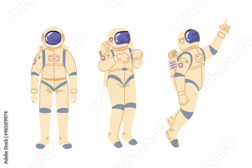 Outer space exploration and discoveries of universe and galaxy. Cosmonaut in costume for travel. Astronaut in spacesuit preserving oxygen for breathing. Cartoon character in flat style vector