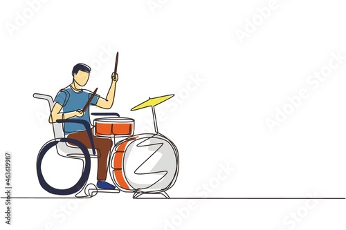 Single one line drawing disabled handsome man in wheelchair playing drum. Physically disabled. Person in hospital. Rehabilitation center patient. Continuous line draw design vector illustration