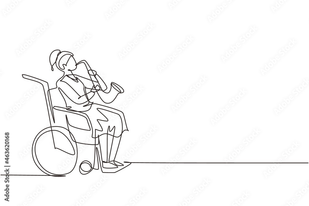 Continuous one line drawing woman sitting in wheelchair plays saxophone. Disability and classical music. Physically disabled, fracture. Person in hospital. Single line draw design vector graphic Continuous one line drawing woman sitting in wheelchair plays saxophone. Disability and classical music. Physically disabled, fracture. Person in hospital. Single line draw design vector graphic