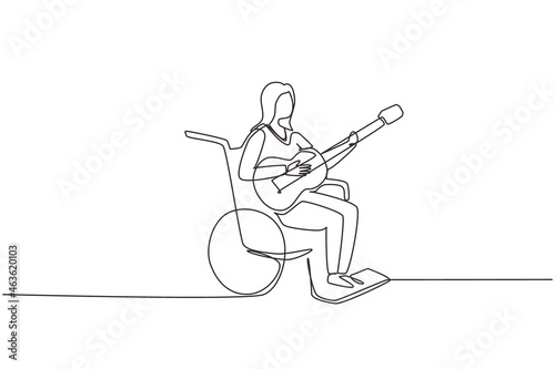 Single continuous line drawing woman sit wheelchair with acoustic guitar play music, sing song. Physically disabled, broken leg. Rehabilitation center patient. One line design vector illustration