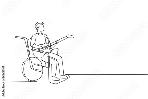 Continuous one line drawing male sit wheelchair playing electric guitar, sing song. Physically disabled. Guitarist person in hospital room ward. Single line draw design vector graphic illustration