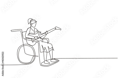 Continuous one line drawing young beautiful female sit wheelchair playing electric guitar, sing song. Physically disabled. Person in hospital room ward. Single line draw design vector illustration
