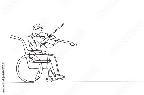 Single continuous line drawing disability and music. Man in wheelchair plays violin. Physically disabled, injured. Person in hospital. Rehabilitation center patient. One line draw design vector
