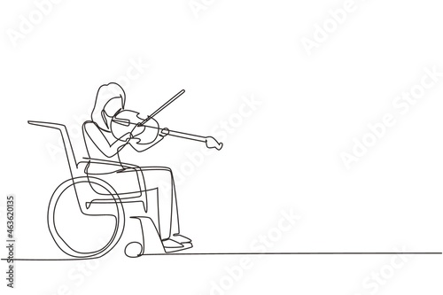 Single continuous line drawing disability and music. Woman in wheelchair plays violin. Physically disabled, handicapped. Person in hospital. Rehabilitation center patient. One line draw design vector