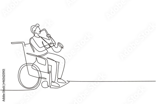 Continuous one line drawing man sitting in wheelchair plays saxophone. Disability, classical music. Physically disabled, broken leg. Rehabilitation center. Single line draw design vector illustration