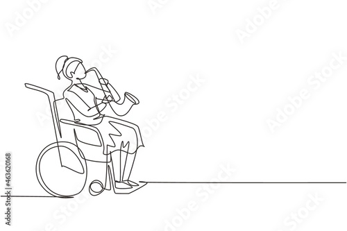 Continuous one line drawing woman sitting in wheelchair plays saxophone. Disability and classical music. Physically disabled, fracture. Person in hospital. Single line draw design vector graphic