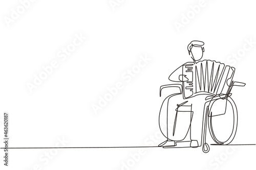 Single continuous line drawing disabled handsome man in wheelchair playing accordion music. Physically disabled. Person in hospital. Rehabilitation center patient. One line draw design vector