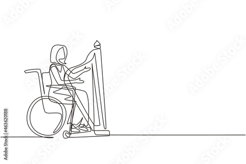 Single one line drawing elegant woman sitting in wheelchair plays harp in concert. Disability and classical music. Physically disabled. Rehabilitation center. Continuous line draw design vector
