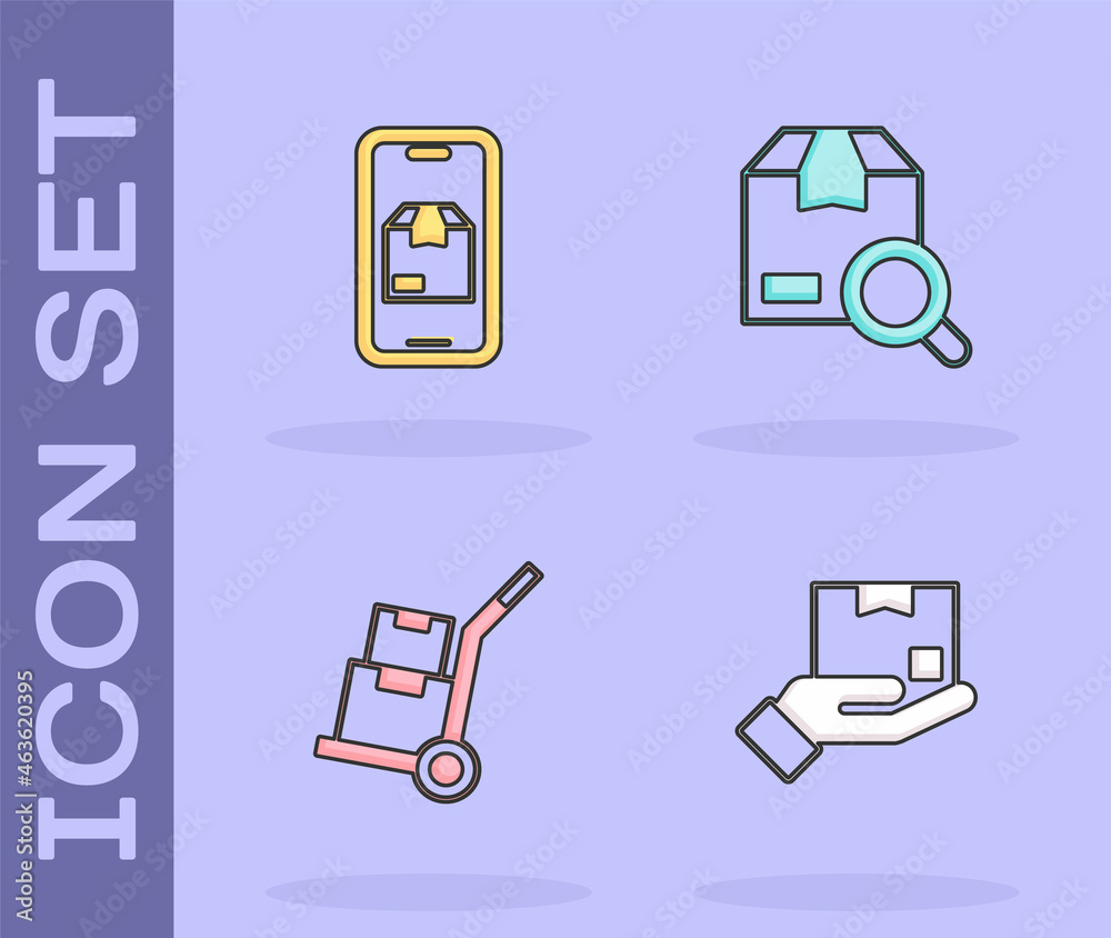 Set Delivery hand with box, Mobile app delivery tracking, Hand truck boxes and Search package icon. Vector Set Delivery hand with box, Mobile app delivery tracking, Hand truck boxes and Search package icon. Vector
