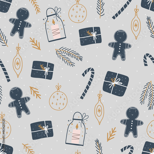 Christmas and Happy New Year seamless pattern with Christmas gift boxes, fir branches and berries. Vector design template.