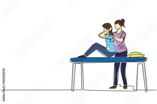 Single one line drawing woman sitting on massage table masseur doing healing treatment massaging injured patient manual physical therapy rehabilitation. Continuous line draw design vector illustration photo
