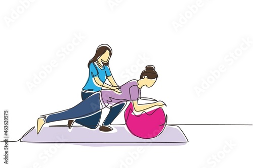 Continuous one line drawing physiotherapist doctor rehabilitates woman patient. Female doing exercises on rubber ball. Physiotherapy rehab, injury recovery. Single line draw design vector illustration