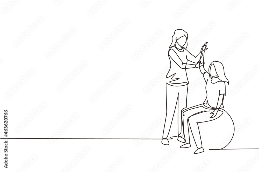 Continuous one line drawing physiotherapy rehabilitation isometric composition with young woman patient sitting on ball and female doctor holding her hand. Single line draw design vector illustration