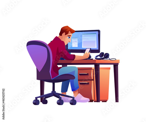 Office worker at computer uses smartphone isolated cartoon character. Vector back view of man sitting at table with monitor on desktop. Businessman or programmer at workplace, employee with phone