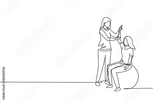 Continuous one line drawing physiotherapy rehabilitation isometric composition with young woman patient sitting on ball and female doctor holding her hand. Single line draw design vector illustration