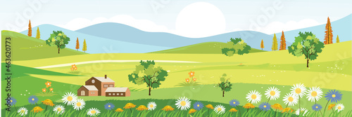 Beautiful natural scenery, with trees, meadows, colorful flowers, houses, mountains, blue sky, white and yellow flowers. beautiful green grass