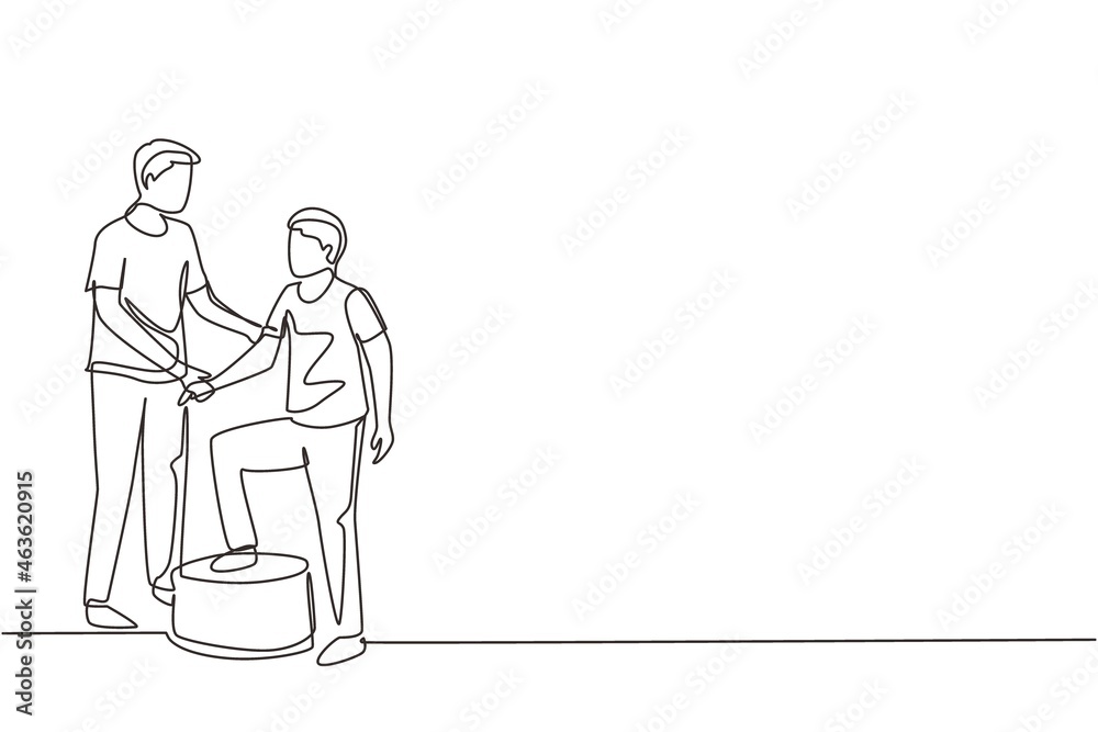 Continuous one line drawing man therapist helping young male patient stepping up the stairs, medical rehabilitation, physical therapy activity. Single line draw design vector graphic illustration