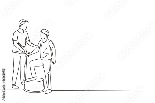 Continuous one line drawing man therapist helping young male patient stepping up the stairs, medical rehabilitation, physical therapy activity. Single line draw design vector graphic illustration