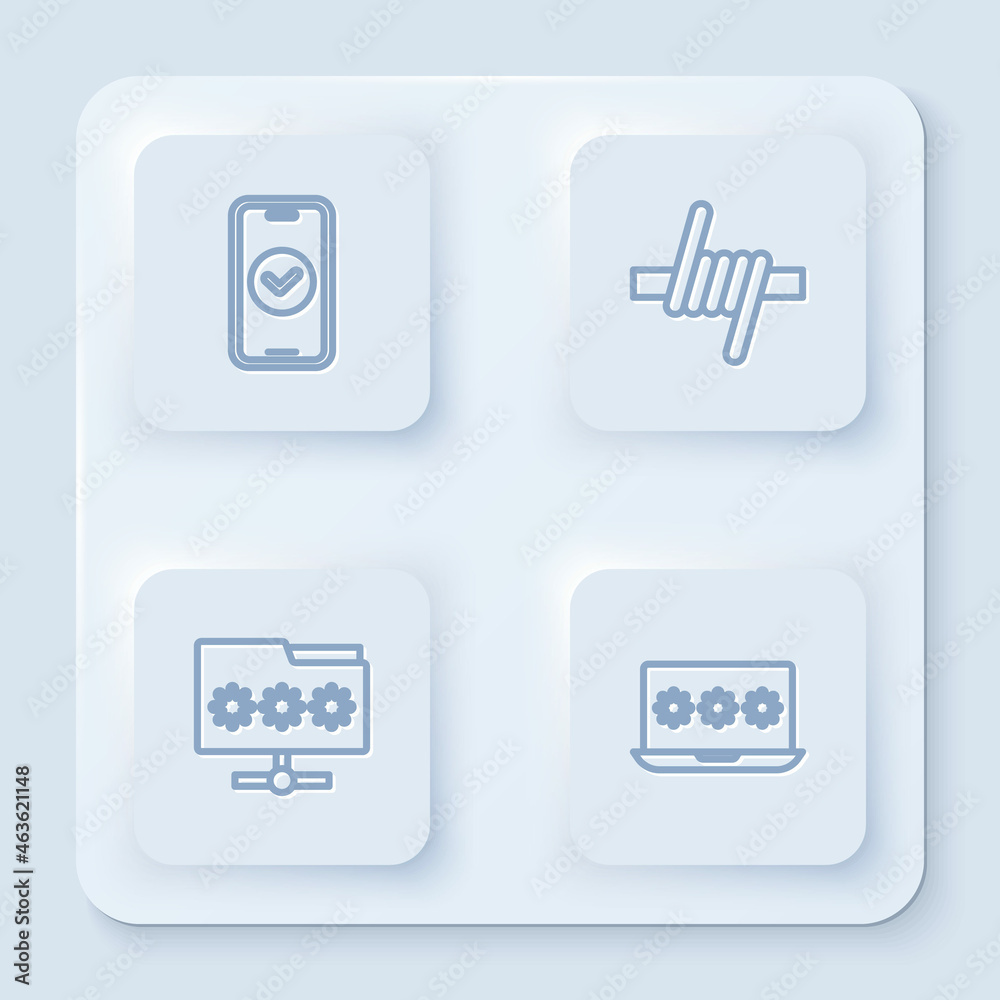 Set line Smartphone, Barbed wire, Folder with password and Laptop. White square button. Vector Set line Smartphone, Barbed wire, Folder with password and Laptop. White square button. Vector