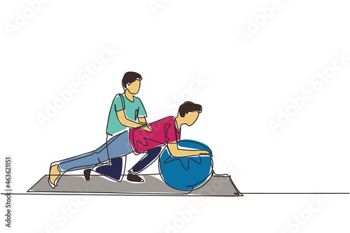 Continuous one line drawing physiotherapist or rehabilitologist doctor rehabilitates man patient. Male doing exercises on fitball. Physiotherapy rehab, injury recovery. Single line draw design vector