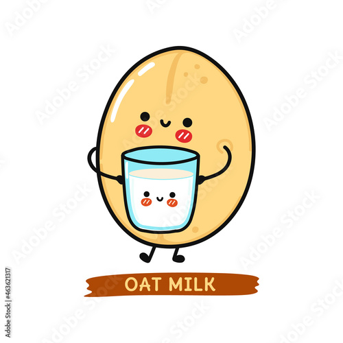 Cute, funny happy glass of milk and oat character. Oat milk. Vector hand drawn cartoon kawaii characters, illustration icon. Funny cartoon glass of milk and oat friends concept