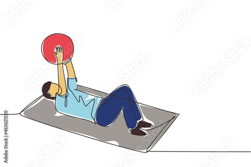 Single one line drawing physiotherapy rehabilitation isometric composition with male lying on mat, lifting on rubber ball. Healthcare concept. Continuous line draw design graphic vector illustration