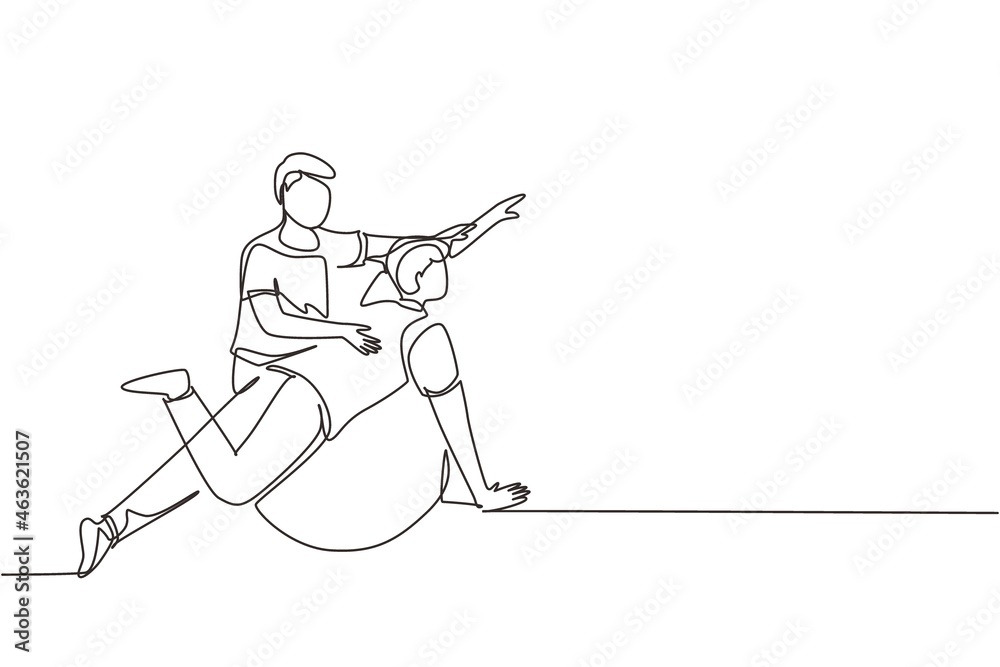 Single one line drawing physiotherapy rehabilitation isometric composition with male patient lying on top of rubber ball with medical assistant. Healthcare concept. Continuous line draw design vector