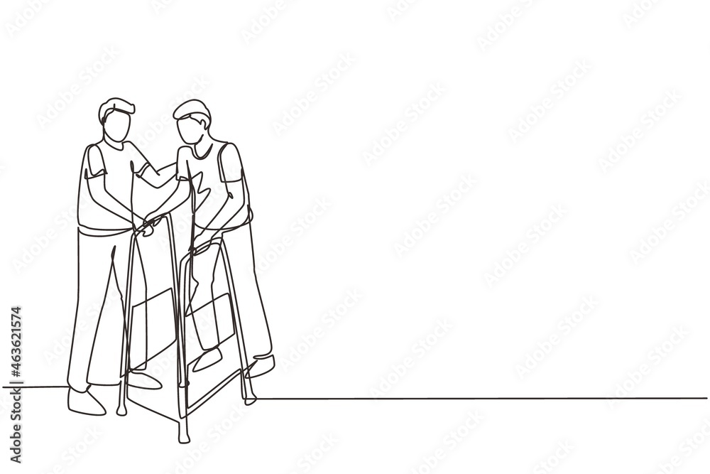 Single continuous line drawing man walking in medical rehabilitation, physical therapy center. Male in recovery doing exercises. Guy therapist helping in rehab healthcare. One line draw design vector