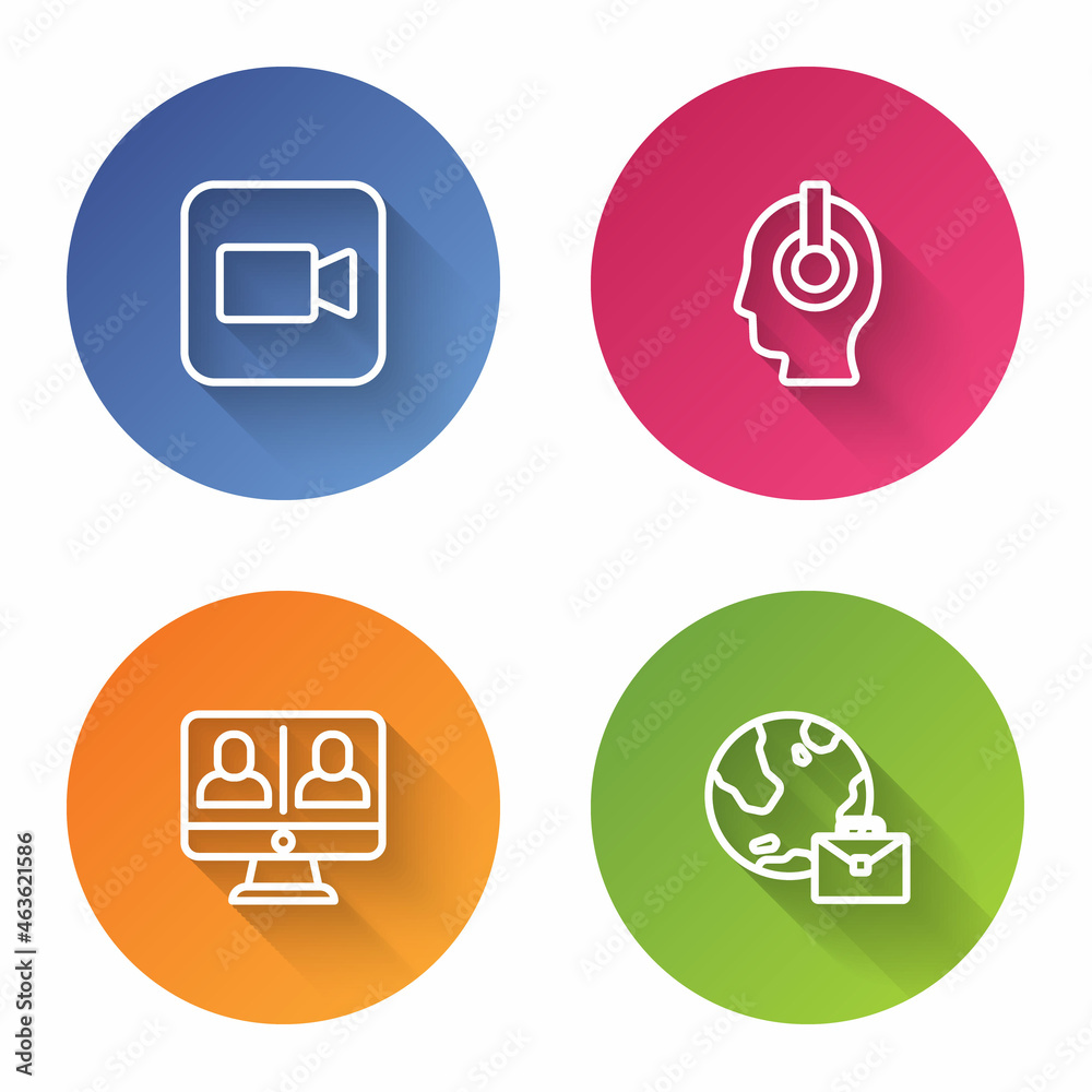 Set line Camera, Freelancer, Video chat conference and Online working. Color circle button. Vector Set line Camera, Freelancer, Video chat conference and Online working. Color circle button. Vector