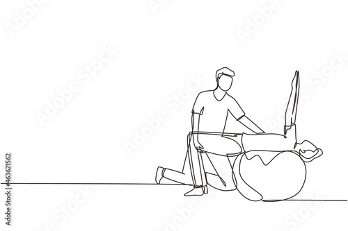 Continuous one line drawing physiotherapy rehabilitation isometric composition with man patient lying on top of rubber ball with medical assistant. Healthcare concept. Single line draw design vector