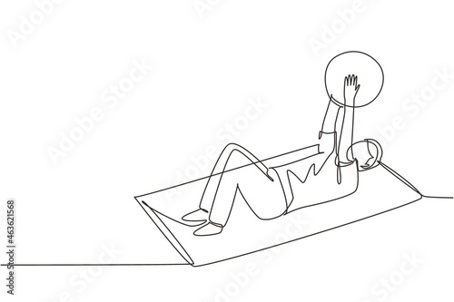 Single one line drawing physiotherapy rehabilitation isometric composition with male lying on mat, lifting on rubber ball. Healthcare concept. Continuous line draw design graphic vector illustration