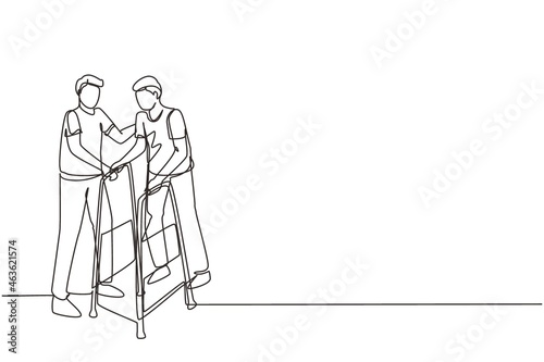 Single continuous line drawing man walking in medical rehabilitation, physical therapy center. Male in recovery doing exercises. Guy therapist helping in rehab healthcare. One line draw design vector