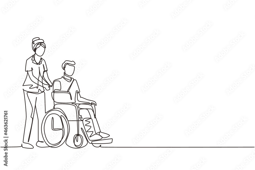 Continuous one line drawing disabled male with broken hand, leg riding wheelchair with nurse assistance. Man patient in traumatology hospital. Disability. Single line draw design vector illustration