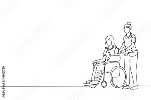 Single continuous line drawing disabled woman patient in wheelchair and doctor. Female transporting person walk in hospital. Medicine service. Rehabilitation. One line draw design vector illustration