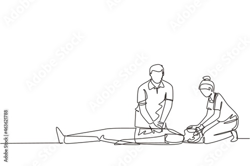 Single continuous line drawing emergency doctors doing cardiopulmonary resuscitation of a man. Paramedic giving indirect heart massage first aid to patient. One line draw design vector illustration