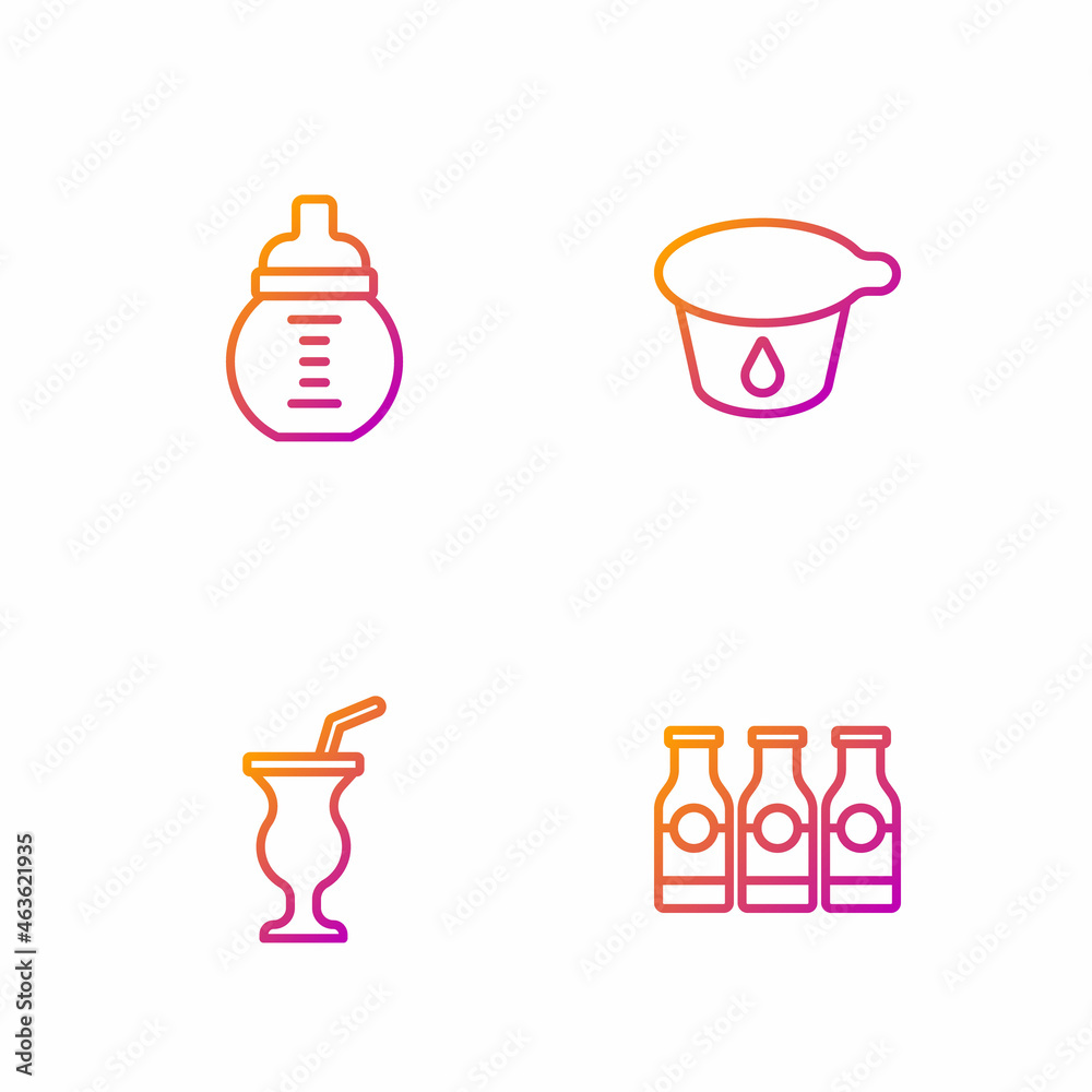Set line Bottle with milk, Milkshake, Baby in bottle and Yogurt container. Gradient color icons. Vector