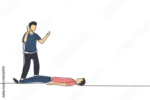 Single continuous line drawing fainting person. Emergency situation, unconscious person on the floor. Medical help, man calling emergency service to lying at ground male. One line draw design vector