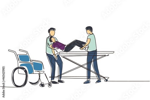 Single one line drawing unconscious man patient in emergency room. Nurse, wearing white coat with wheelchair. Nurse boys, putting down young male on gurney. Continuous line draw design graphic vector