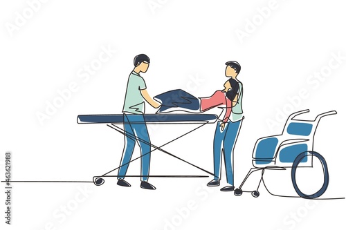 Continuous one line drawing unconscious woman patient in emergency room. Nurse, wearing white coat with wheelchair. Nurse boys, putting down young female on gurney. Single line draw design vector