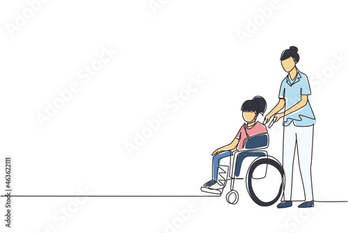 Single continuous line drawing paramedic help disabled little girl in wheelchair in transportation. Spend time together with fun, equal opportunities. Volunteer assistance. One line draw design vector