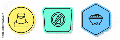 Set line Muslim woman in niqab, No water and Date fruit bowl. Colored shapes. Vector