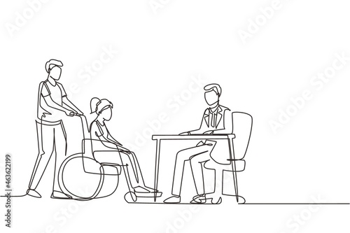 Single continuous line drawing doctor and patient. Practitioner doctor and woman patient in hospital medical office. Consultation  diagnosis. Medicine concept. one line draw design vector illustration