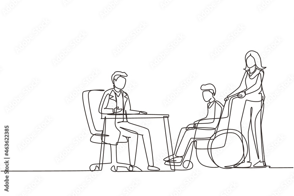 Single continuous line drawing doctor and patient. Practitioner doctor man and old man patient in hospital medical office. Consultation and diagnosis. Medicine concept. One line draw design vector