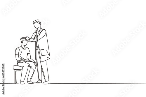 Continuous one line drawing doctor bandaging head of injured young man. Paramedic and male patient head injury. Emergency or first aid concept. Single line draw design vector graphic illustration
