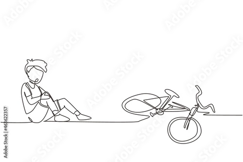 Single continuous line drawing boy fallen off bicycle. Bike accident. Kids fallen damaged bicycle broken transport children accidents helping person. Dynamic one line draw design vector illustration