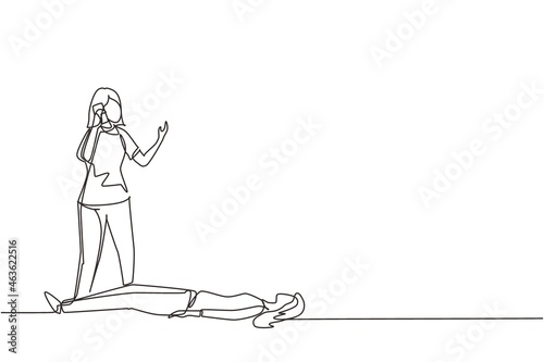 Continuous one line drawing girl calls emergency service by smartphone. Female has heart problems. Passer saves woman with heart attack. First aid. High-priority call. Single line draw design vector